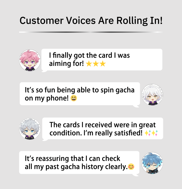 User reviews include comments such as I got the card I wanted, It's fun to play gacha on my smartphone, The card I received was in great condition, so I am satisfied, and I feel safe because I can see my past gacha history.